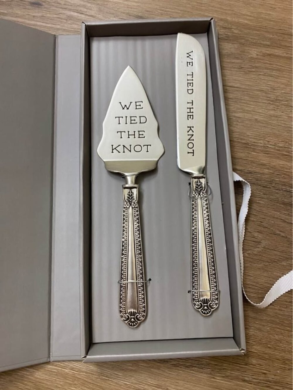 Mud Pie "We Tied The Knot" Silver Wedding Cake Server & Knife Set NIB